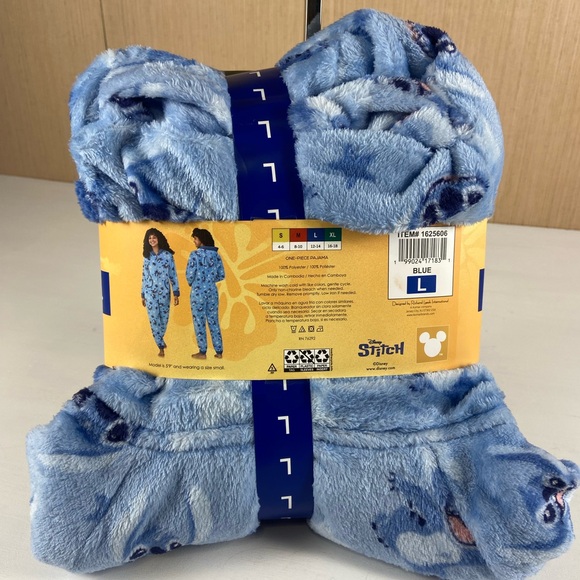 Disney Stitch One Piece Pajama Women’s Large Blue Plush Hooded Onesie NWT - Picture 3 of 7